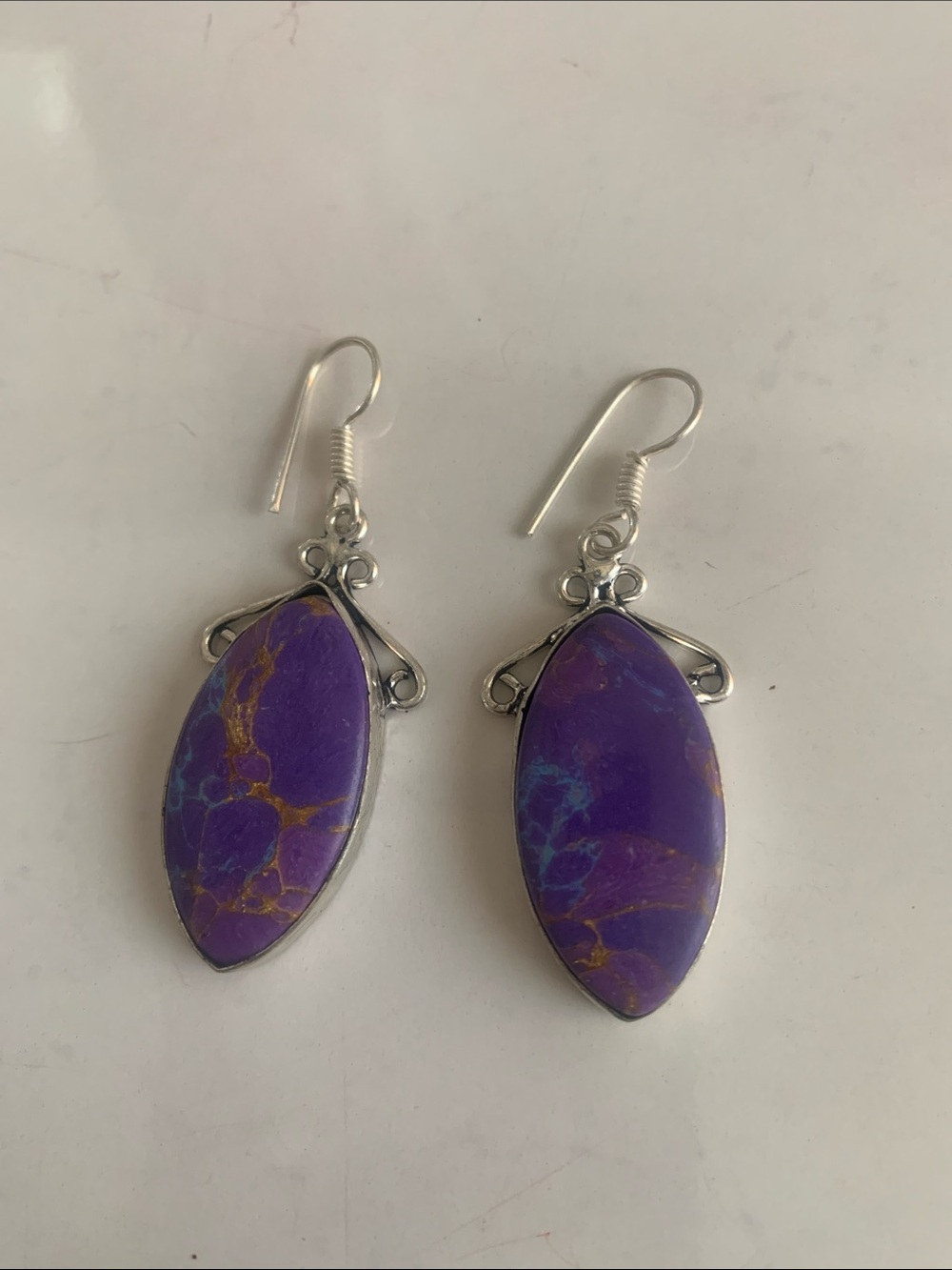 Purple Marbled Stone Drop Earrings with Silver Accents